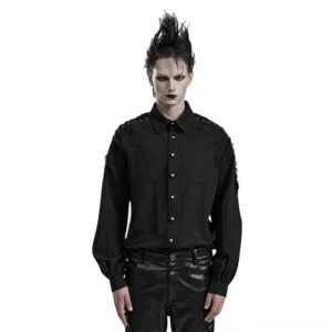 Black lace-up gothic shirt for men - front view on model showing shoulder lace trim and button front detail