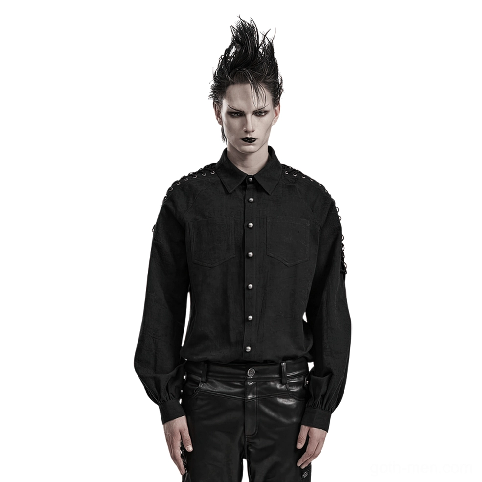 Black lace-up gothic shirt for men - front view on model showing shoulder lace trim and button front detail