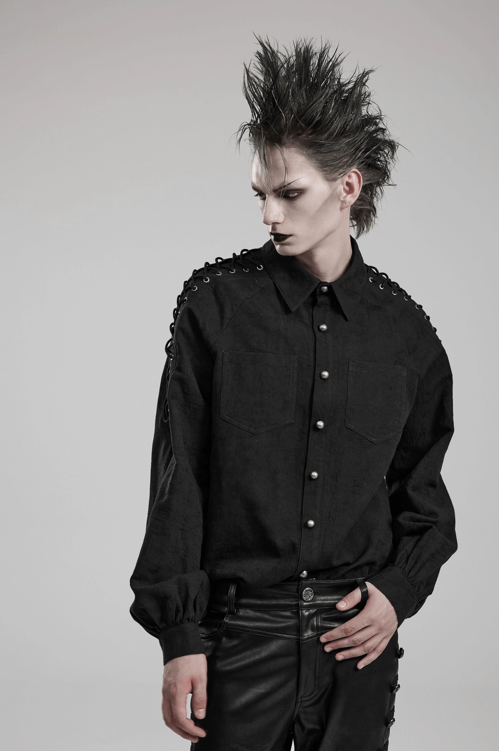 Black lace-up gothic shirt for men - full-length model shot from alternate angle emphasizing silhouette and fit