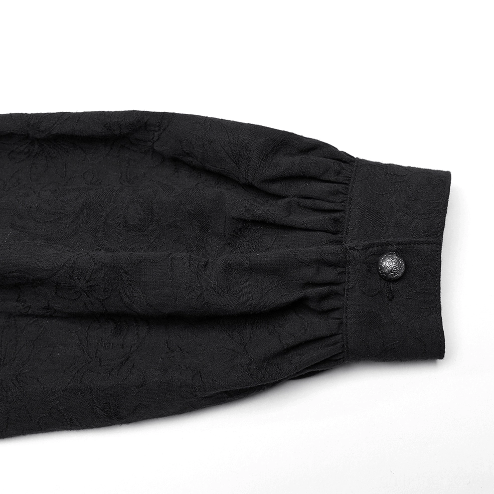 Black lace-up gothic shirt for men - overhead flat lay showing complete garment layout with lace trim visible