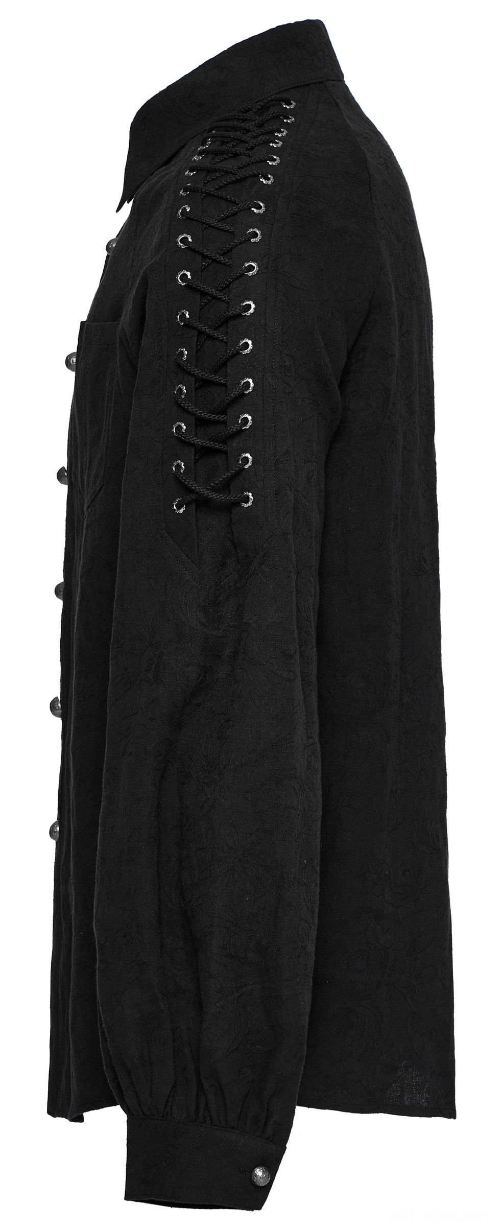 Black lace-up gothic shirt for men - side view flat lay showing full shoulder lace design and long sleeve construction