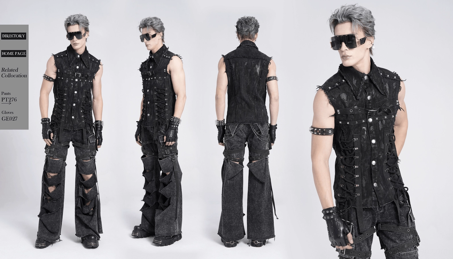 Black lace-up studded denim shirt complete product angle showing overall silhouette and goth punk design aesthetic