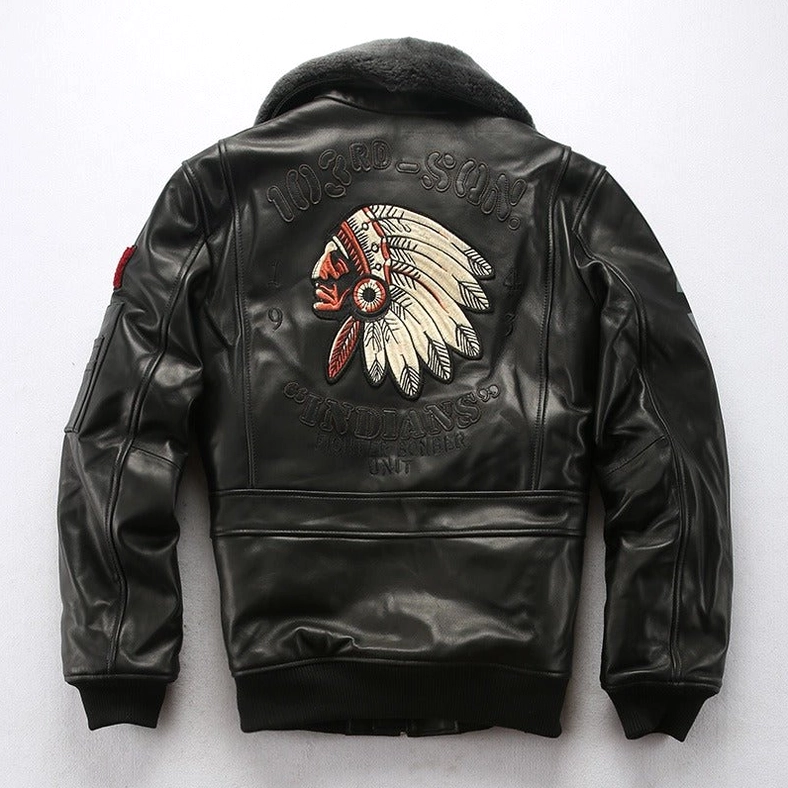 Black genuine lambskin gothic bomber jacket worn back view displaying large embroidered chief design