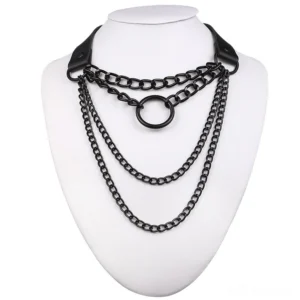 Matte black multi-layer chain choker necklace with central O-ring pendant, gothic industrial design, displayed on white mannequin for alternative fashion