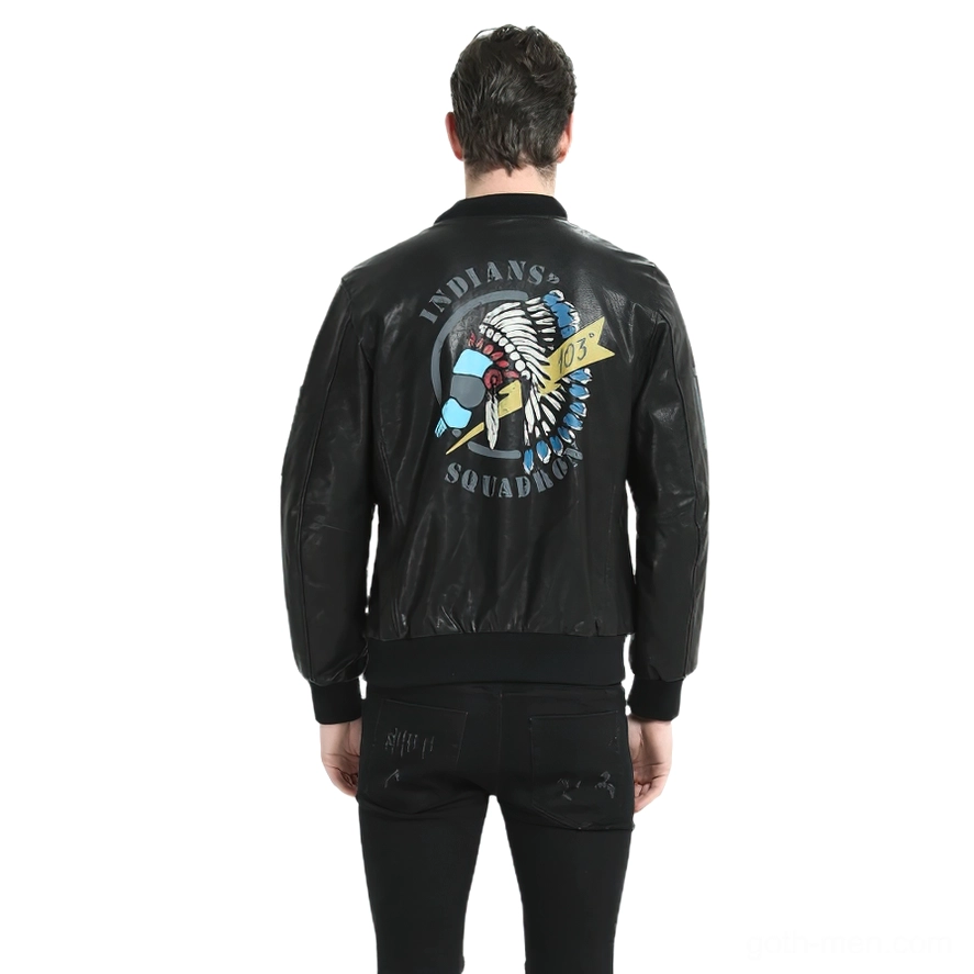 Black genuine leather biker jacket back view showing Indian head squadron print on model