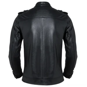 Black leather motorcycle jacket men's back view showing fitted silhouette and shoulder epaulets