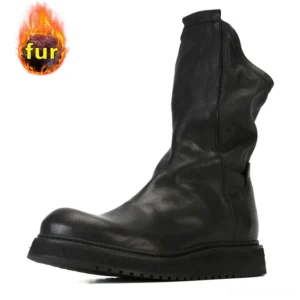 Black leather boots with warm fur lining right side profile showing integrated pigskin fur collar