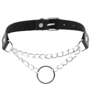 Black PU leather gothic chain choker with silver metal curb chains and central O-ring pendant, adjustable pin buckle, unisex neck jewelry flat lay
