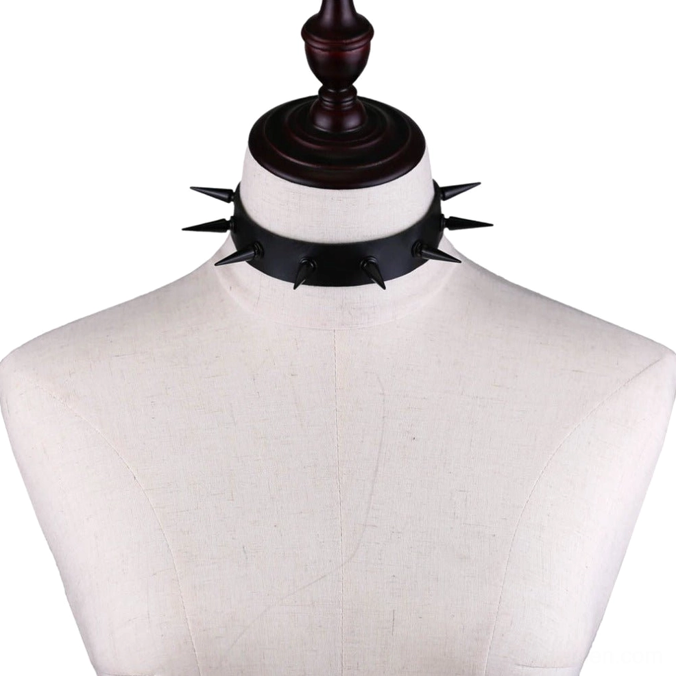 Black leather spiked choker collar with adjustable buckle, gothic neck accessory