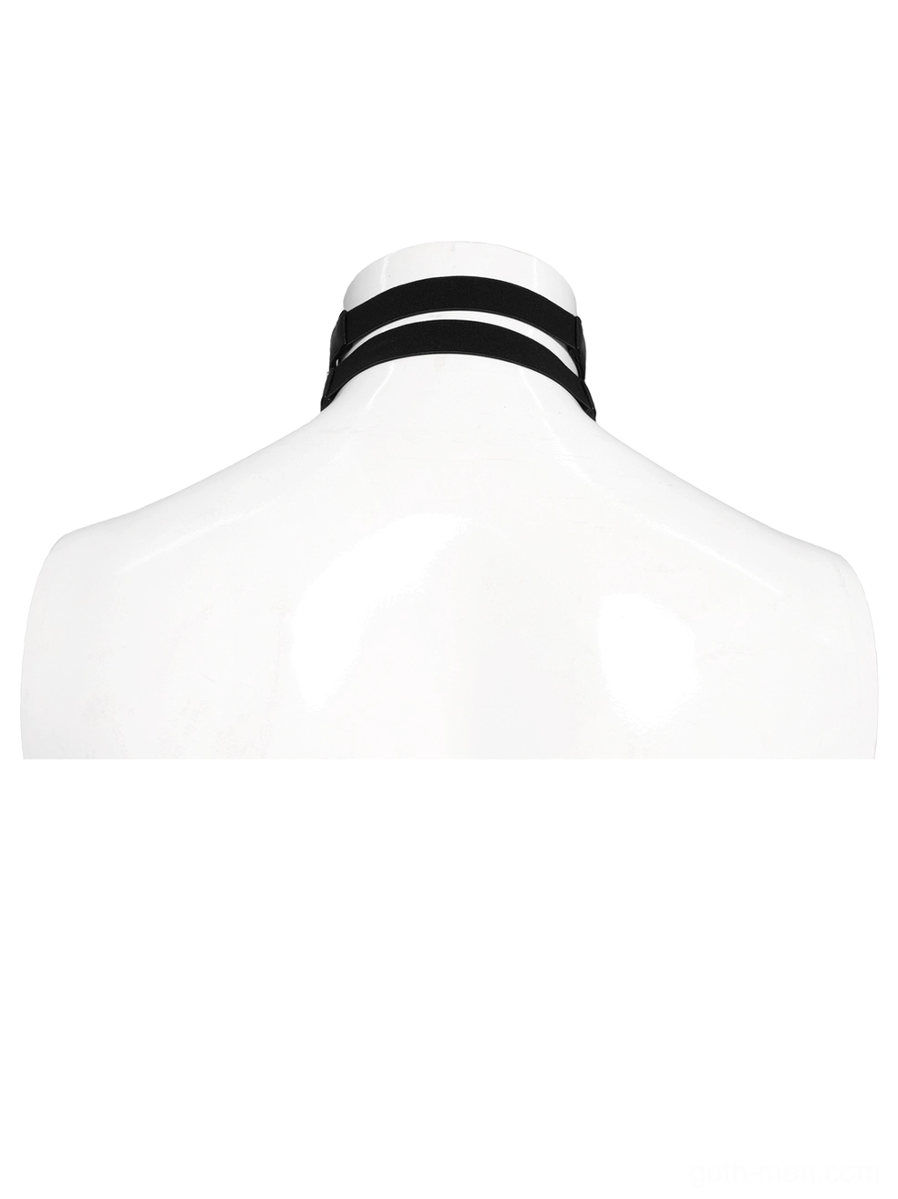 Simple solid black leather choker strap, mannequin back view clean design