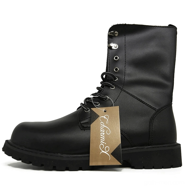 Black leather combat boots left side close-up, displaying brand craftsmanship and adjustable collar buttons with lace-up closure