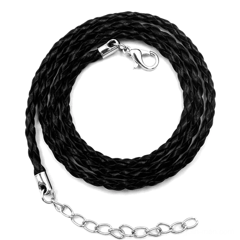 Black braided leather necklace cord with silver lobster clasp and extender chain hardware