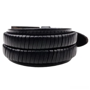 Black leather cuff bracelet for men with botanical embossing, double-layered structure, metal pin buckle, front top view
