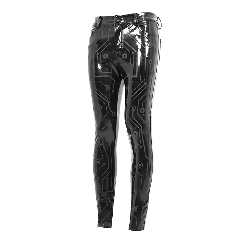 Black glossy synthetic leather skinny trousers side profile showing slim tapered cut and belt loops