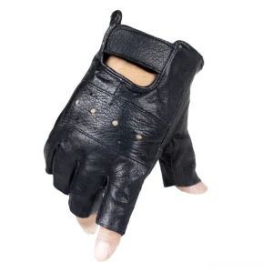 Single black half-finger gothic leather glove showing natural sheep leather grain texture and open finger design, three-quarter front perspective