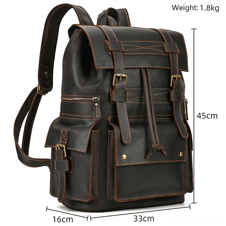 Black genuine leather gothic backpack with dimension markings and zippered side pockets - technical front view