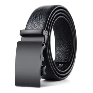 Black leather gothic belt with matte silver automatic buckle, side view showcasing pebbled texture