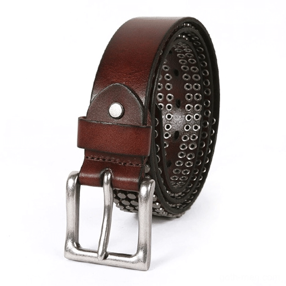 Black leather gothic belt with round metal rivets and silver pin buckle - detail shot