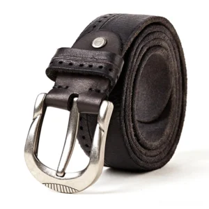 Black genuine leather gothic belt with silver metal buckle and perforated strap details, front close-up view