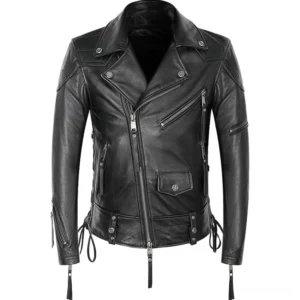 Black genuine leather gothic biker jacket front view with asymmetrical zipper and quilted details