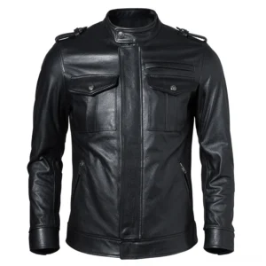 Black genuine leather gothic biker jacket men's front view with stand collar and chest flap pockets
