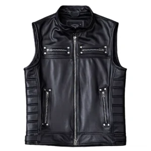 Black genuine leather gothic biker vest front view with metal zipper and rivet pockets