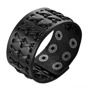 Black woven leather gothic wrap bracelet with magnetic clasp, adjustable snap fasteners on wide wrist band