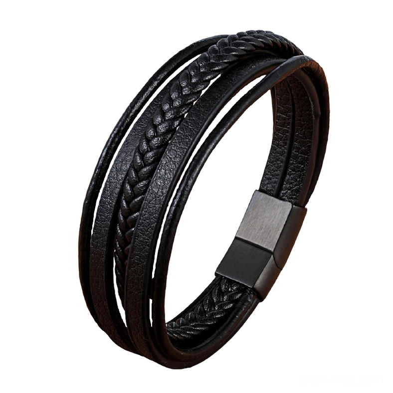 Black leather gothic bracelet with black magnetic stainless steel clasp, multi-layer braided design, layered band construction