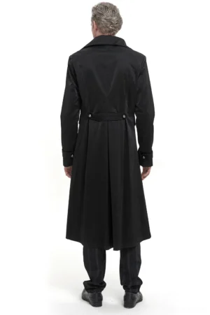 Black leather gothic coat rear view showing split back hem and adjustable waist belt on male model