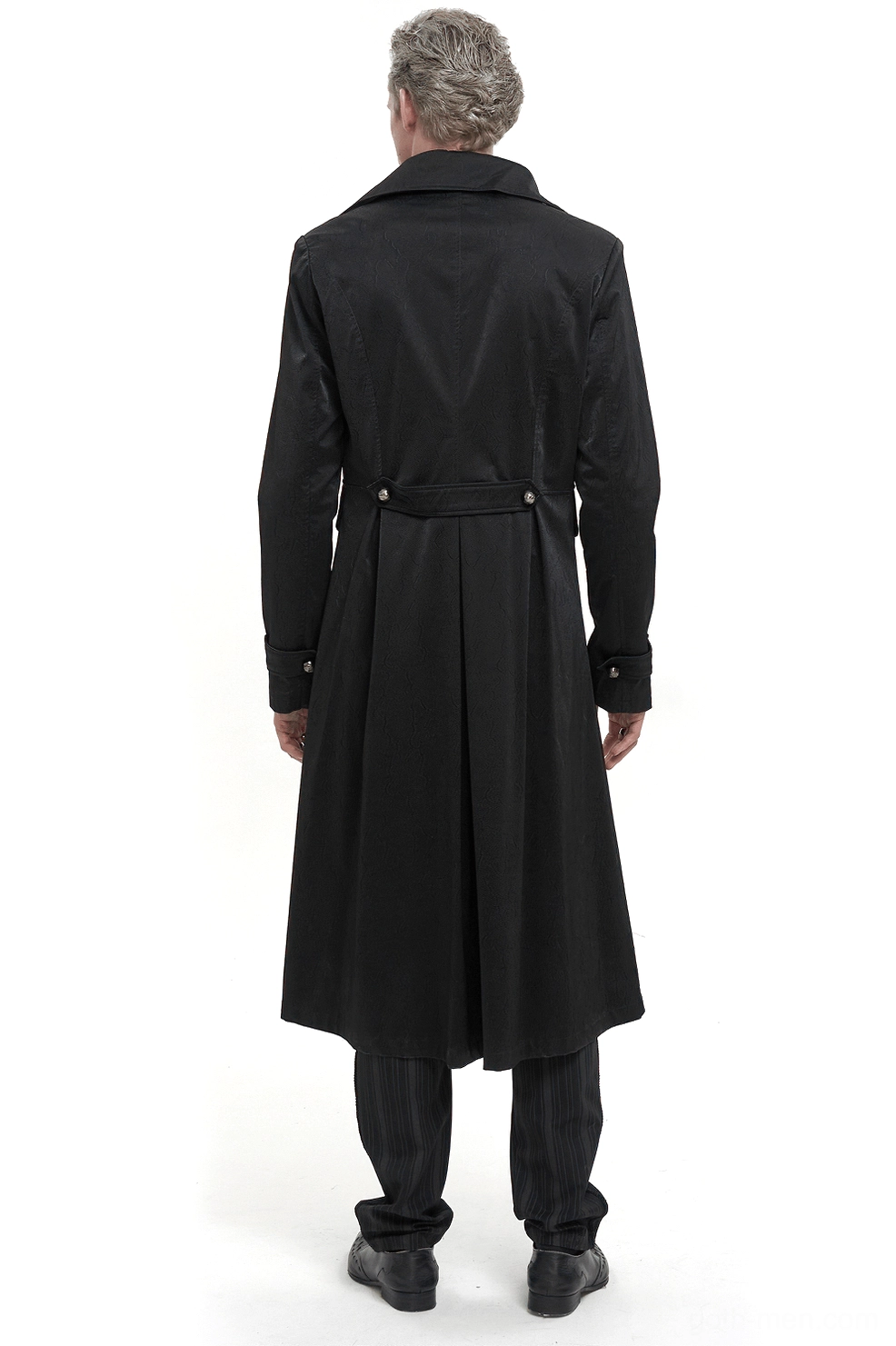 Black leather gothic coat rear view showing split back hem and adjustable waist belt on male model