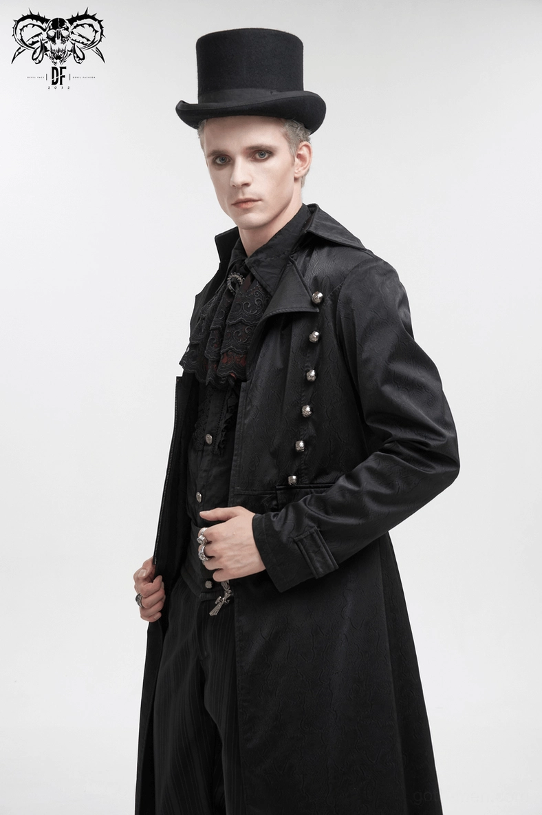 Black leather gothic coat styled fashion shot front view alternative punk aesthetic