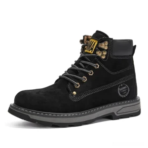 Black genuine leather gothic combat boots with metal hardware, lace-up design, and branded heel logo - front three-quarter view