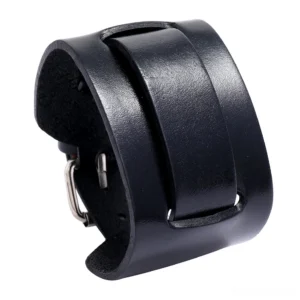 Black wide leather gothic cuff bracelet with adjustable silver pin buckle, 3/4 side angle view