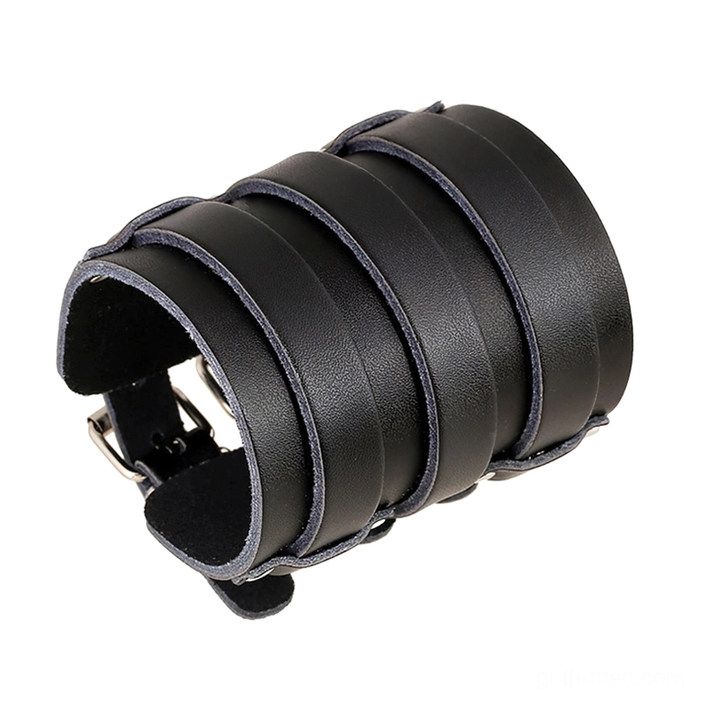 Black genuine leather gothic wide cuff bracelet with multi-strap adjustable buckle design, side oblique view on white background