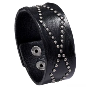 Black wide leather gothic cuff bracelet with geometric cross rivets and snap buckle closure, top view