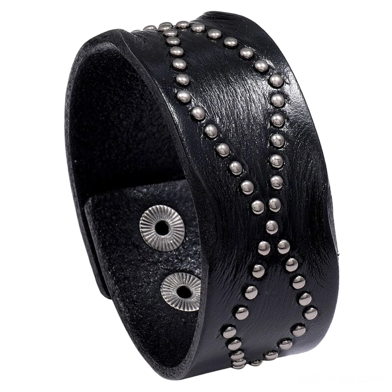 Black wide leather gothic cuff bracelet with geometric cross rivets and snap buckle closure, top view