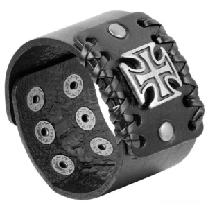 Black wide leather gothic cuff bracelet with silver metal Celtic cross - top view displaying adjustable snap closure holes