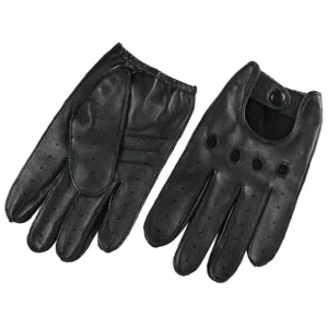Flat lay pair of black genuine leather motorcycle gloves with breathable holes and button wrist closure for gothic aesthetic