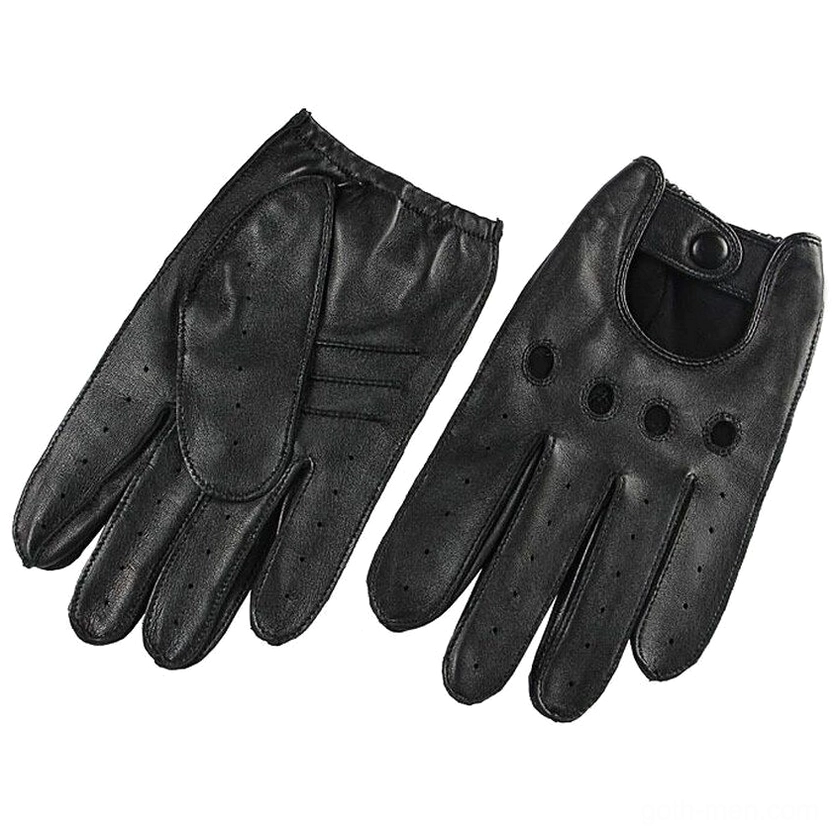 Flat lay pair of black genuine leather motorcycle gloves with breathable holes and button wrist closure for gothic aesthetic
