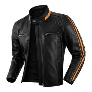 Open front view of black leather jacket revealing mesh inner lining and orange cuff stripes