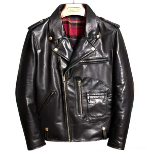 Black leather men's biker jacket with tartan plaid lining and asymmetrical zip closure, front flat lay
