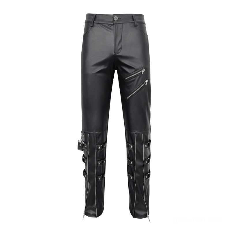 Black gothic leather fitted trousers with knee buckle decorations and functional diagonal zipper pockets front straight view