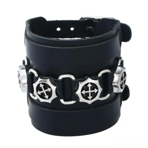 Black wide leather gothic punk bracelet with geometric cross design, alternative fashion jewelry detail shot