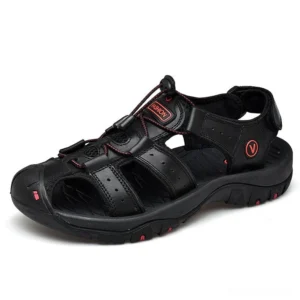 Black genuine cow leather gothic sandals for men with industrial toggle lace design and reinforced sewing - studio shot