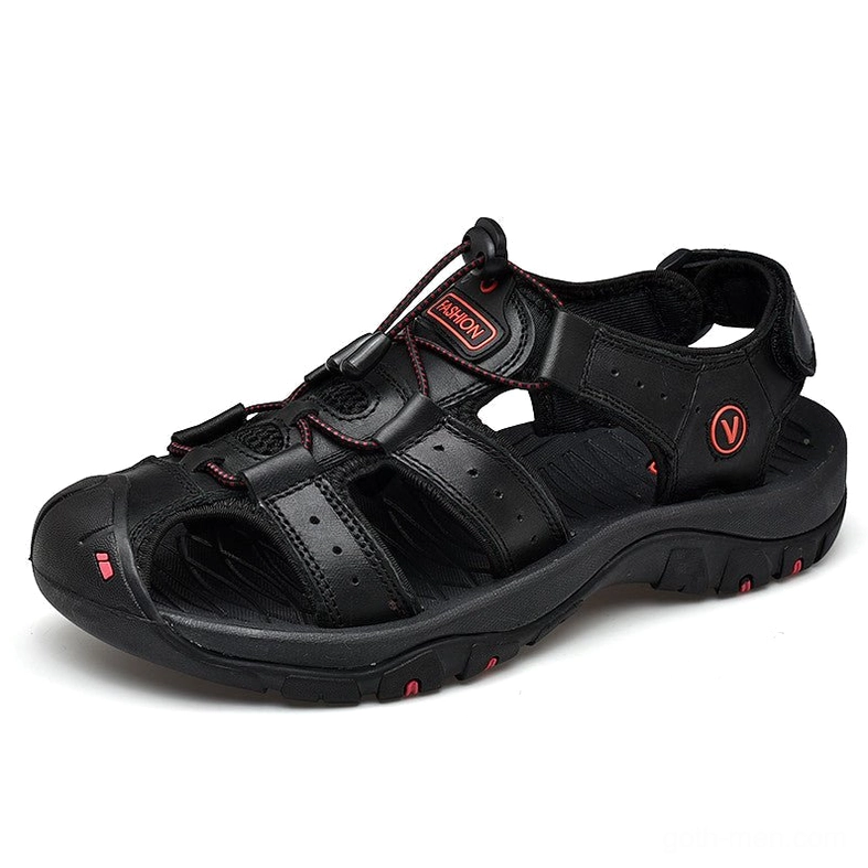 Black genuine cow leather gothic sandals for men with industrial toggle lace design and reinforced sewing - studio shot
