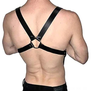 Black leather body harness back view showing crisscross design pattern and central O-ring on male model