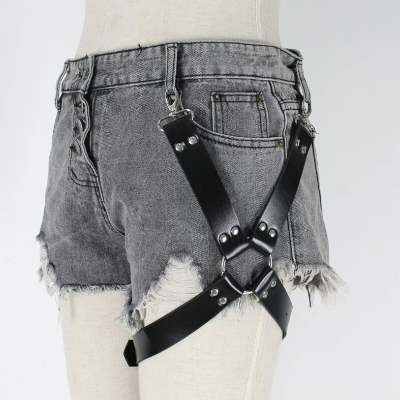 Cyberpunk style PU leather leg harness with crisscross design and metal hardware, right front view