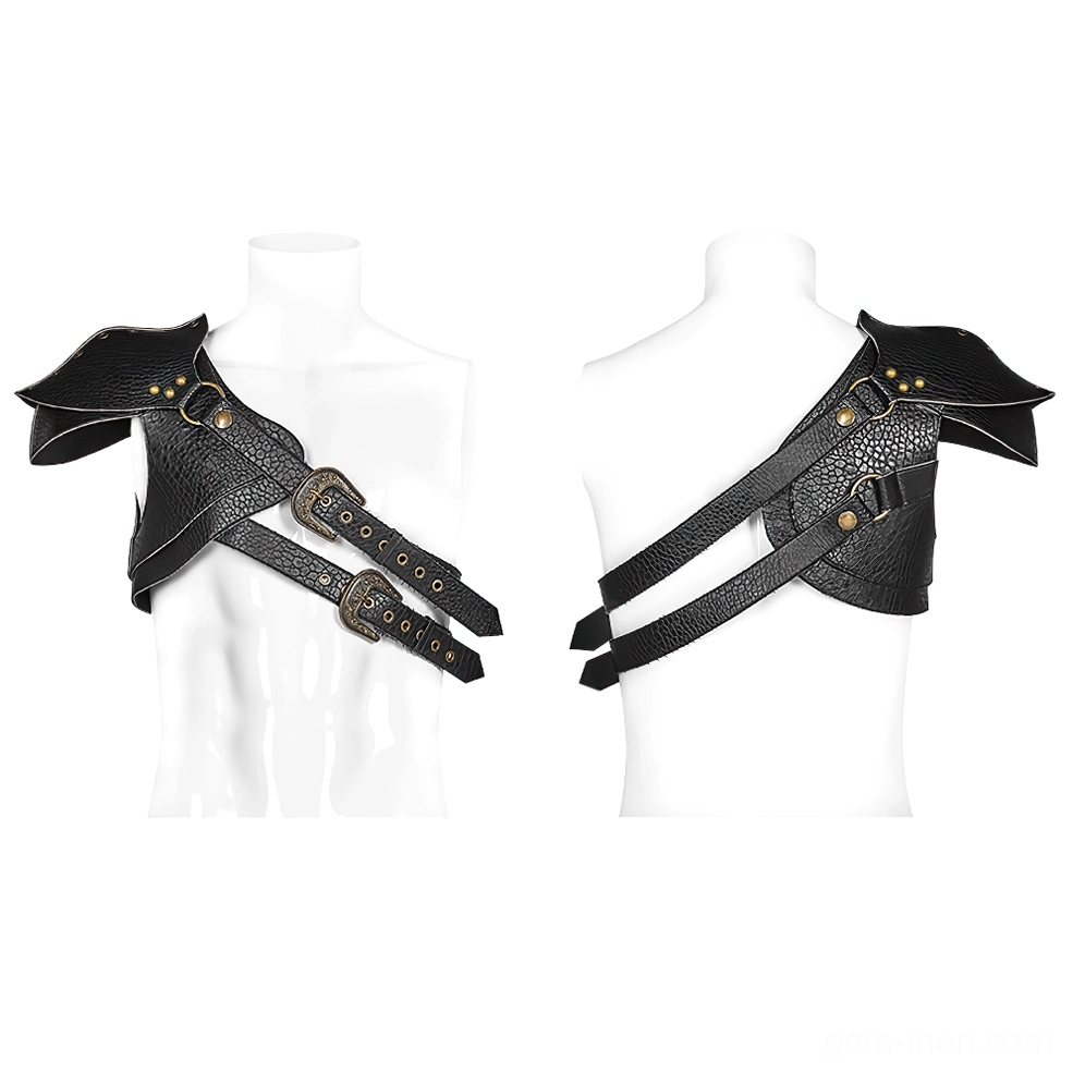 Black gothic leather harness front and rear display on male mannequin showing structured shoulder plate