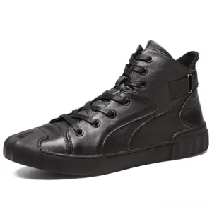 Black genuine leather high-top gothic sneaker side profile view with lace-up closure and reinforced heel strap