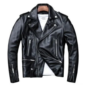 Black genuine leather jacket open view showing notched lapel snap buttons and inner polyester lining detail